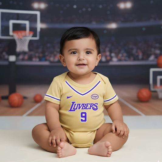 Yellow Basketball Jersey Inspired With Customized Baby Name Bodysuit _ Yellow Romper