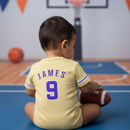 Yellow Basketball Jersey Inspired With Customized Baby Name Bodysuit _ Yellow Romper