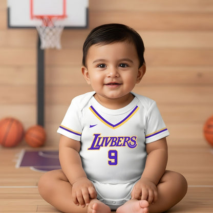 White Basketball Jersey Inspired With Customized Baby Name Bodysuit _ White Bodysuit