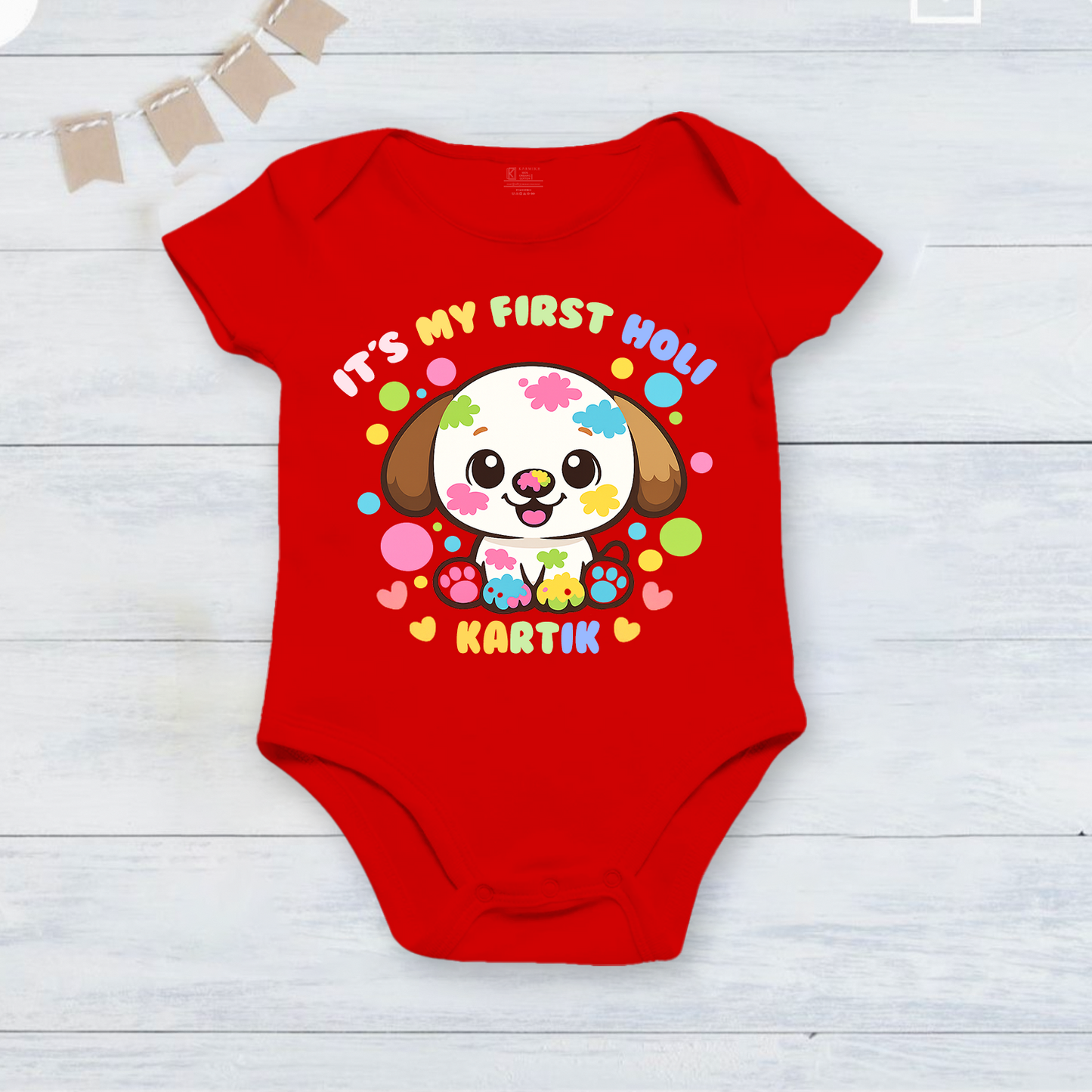 New Born & Baby Clothing | It's My First Holi With Customized Baby Name Red Holi Dress | Soft Cotton