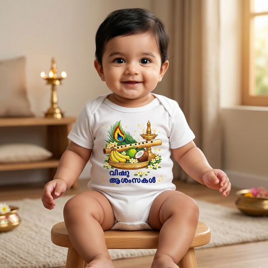 New Born & Baby Clothing | My First Vishu With Customized Baby Name White Half Bodysuit | Soft Cotton