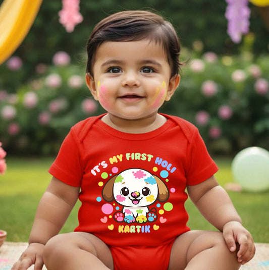 New Born & Baby Clothing | It's My First Holi With Customized Baby Name Red Holi Dress | Soft Cotton