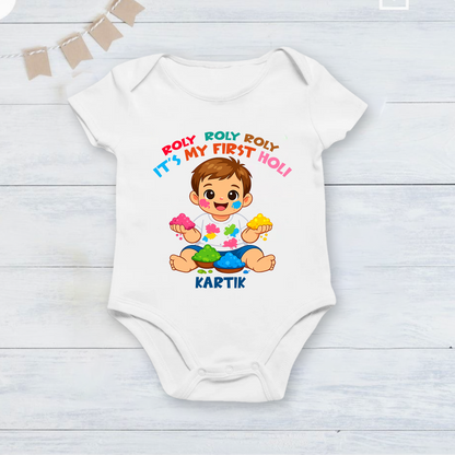 New Born & Baby Clothing |Roly Roly Roly It's My First Holi With Customized Baby Name | Soft Cotton