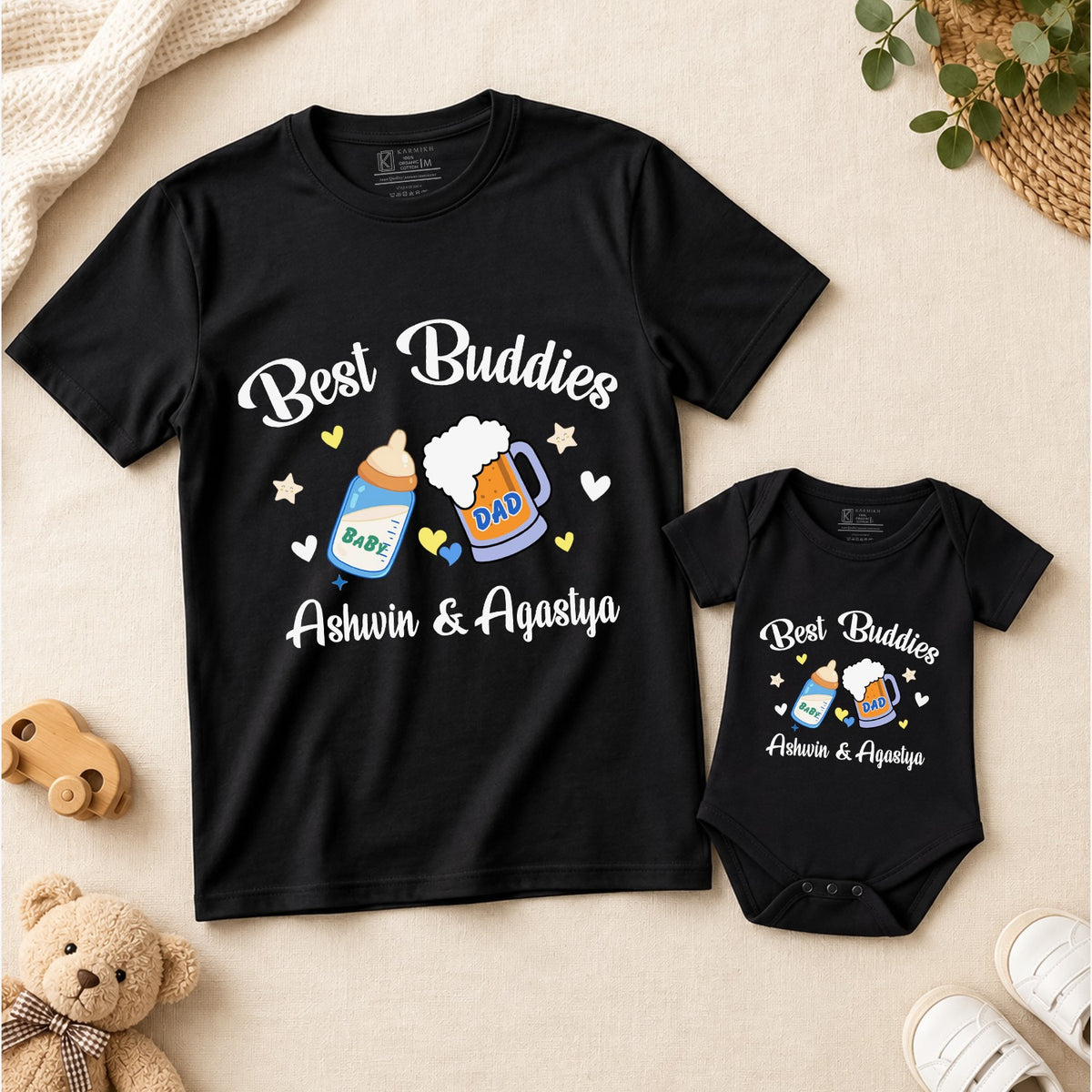 New Born & Baby Clothing | Best Buddies Twinning Sets T-shirt and onesie With Custom Baby Name | Soft T-shirt