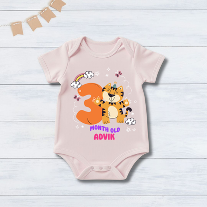 Infant monthly birthday 12 Months of Baby Tiger _ Customized name Pink Onesie