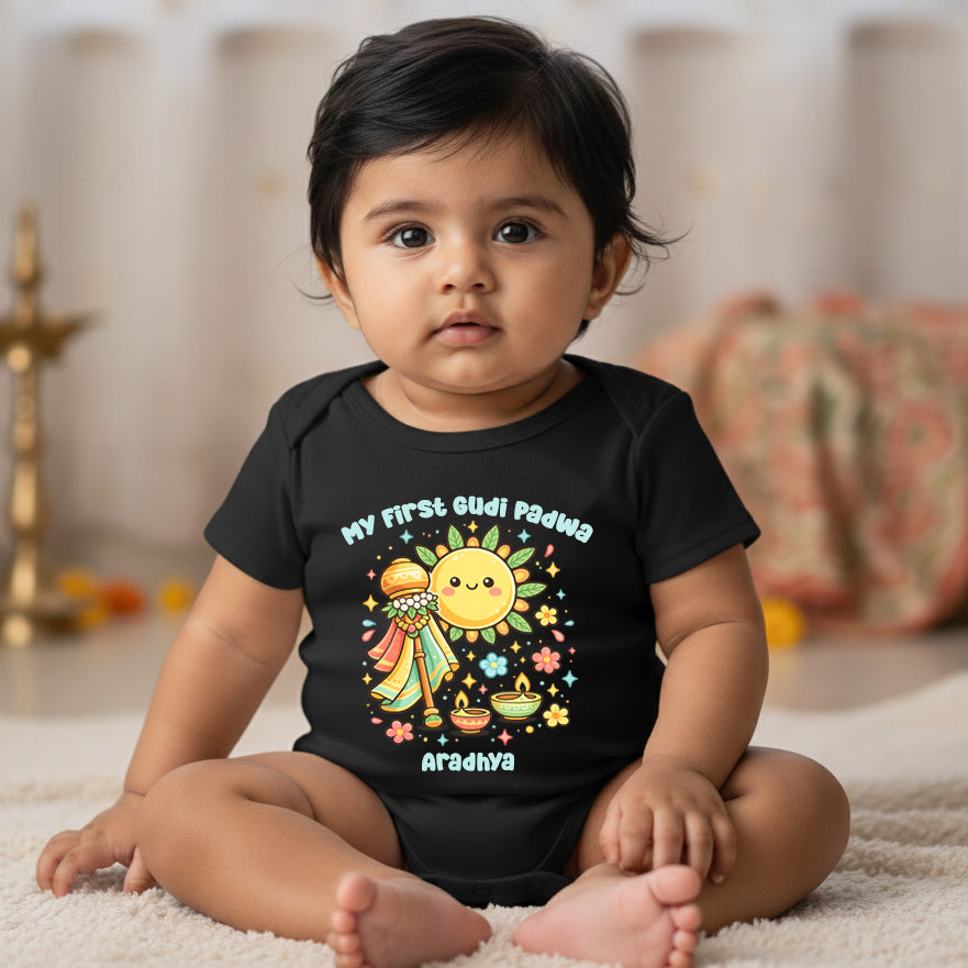New Born & Baby Clothing | Baby’s My First Gudi Padwa With Personalized Baby Name Black Onesies | Soft Cotton