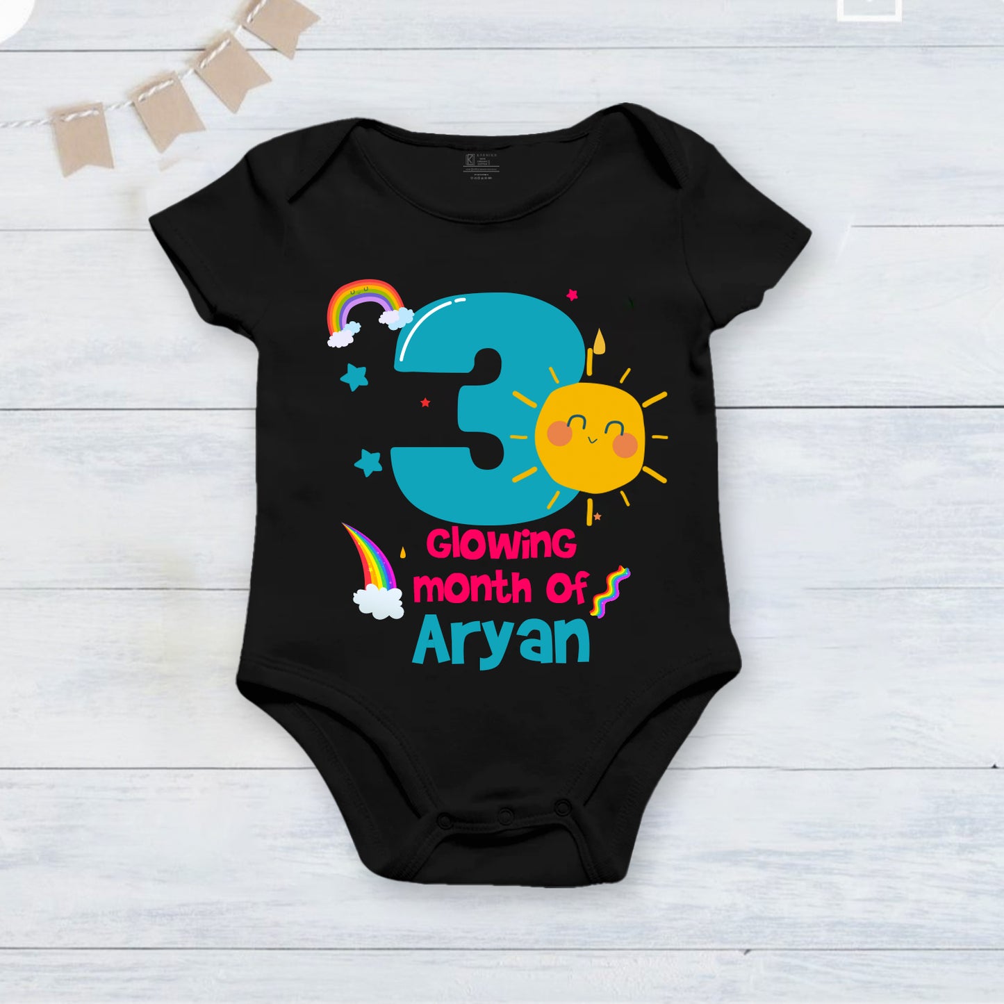 Infant monthly birthday_ With Customized Baby Boy's Name Stylish Black Onesies