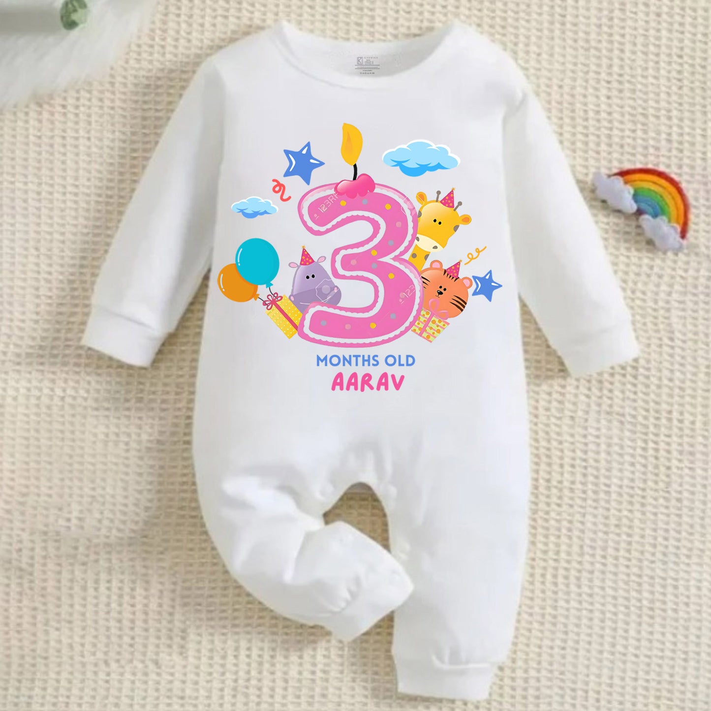 Infant monthly birthday 12 Months of Love Full White Onesie with customised baby name
