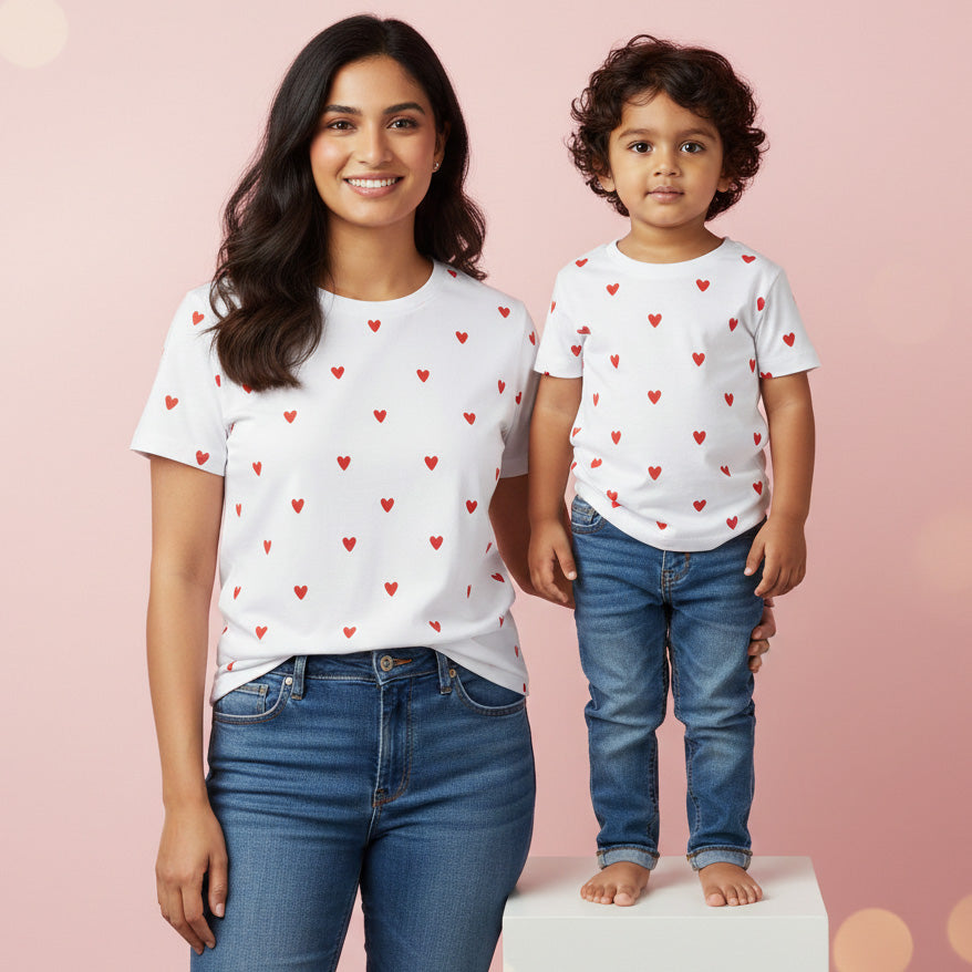 New Born & Baby Clothing | Baby’s First Valentine Outfit – Mom & Kid White T-shirt  Duo | Soft Cotton