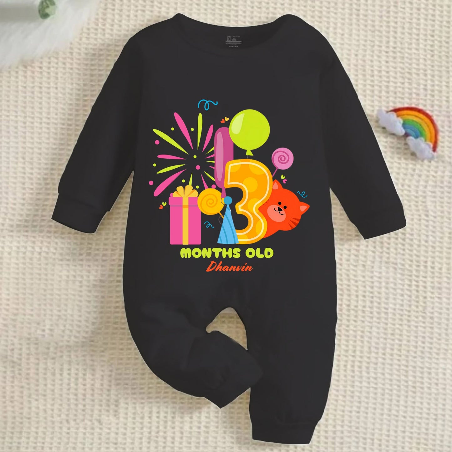Infant monthly birthday 12 Months of Love Full Black Onesie with customised baby name