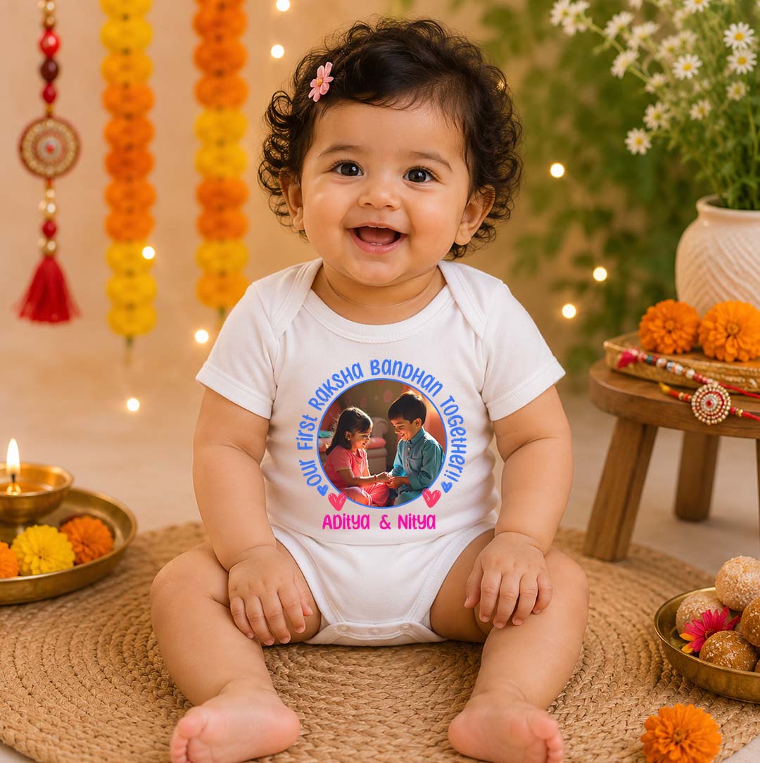 Our First Raksha Bandhan together!! White customised romper with photo and name