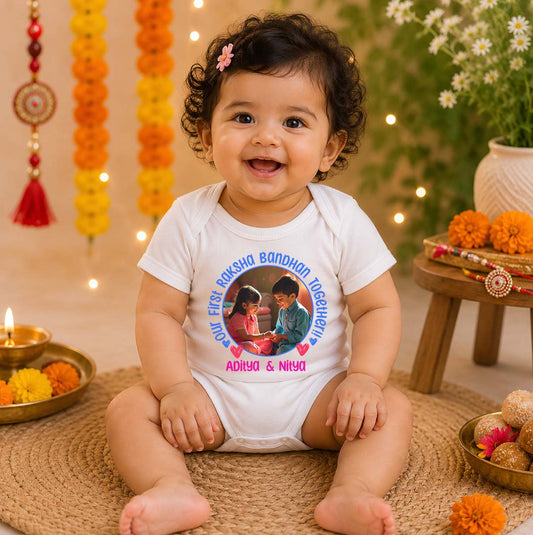 Our First Raksha Bandhan together!! White customised romper with photo and name