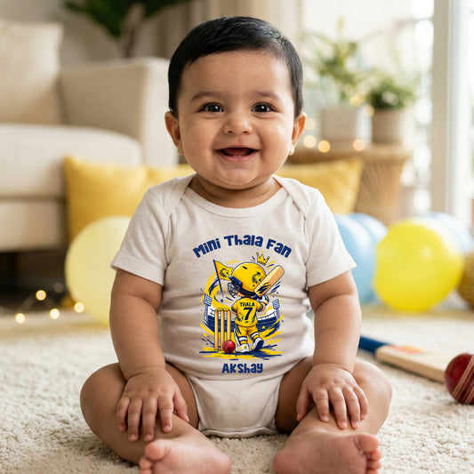 New Born & Baby Clothing | Baby’s CSK Mini Thala Fan With Customized Baby Name White Bodysuit  | Soft Cotton