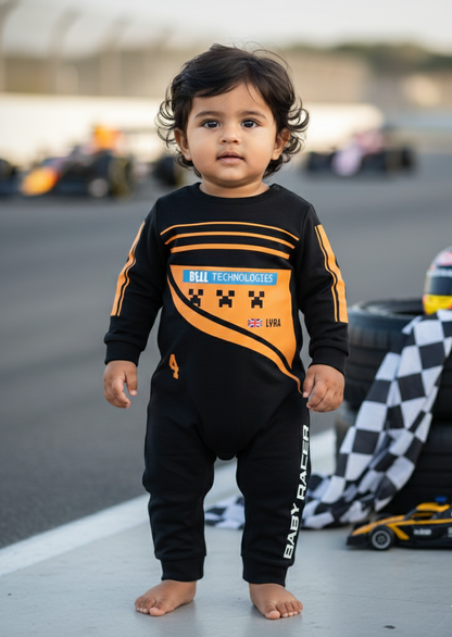 New Born & Baby clothing | Racer Baby Photoshoot Outfit for Baby with Customized Baby Name Printed | Soft Black Full Romper Cotton
