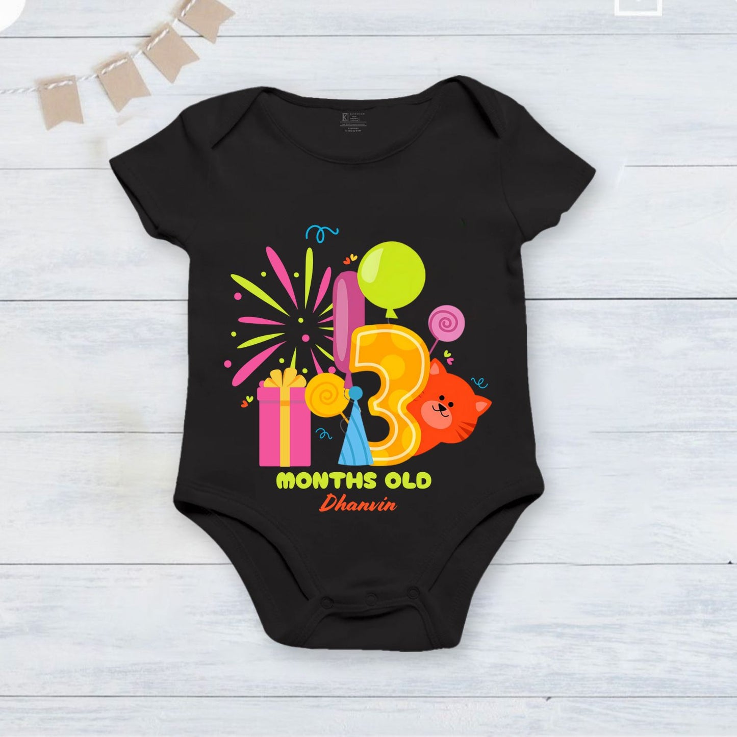 Infant monthly birthday_ With Customized Baby  Name Stylish Black Onesie