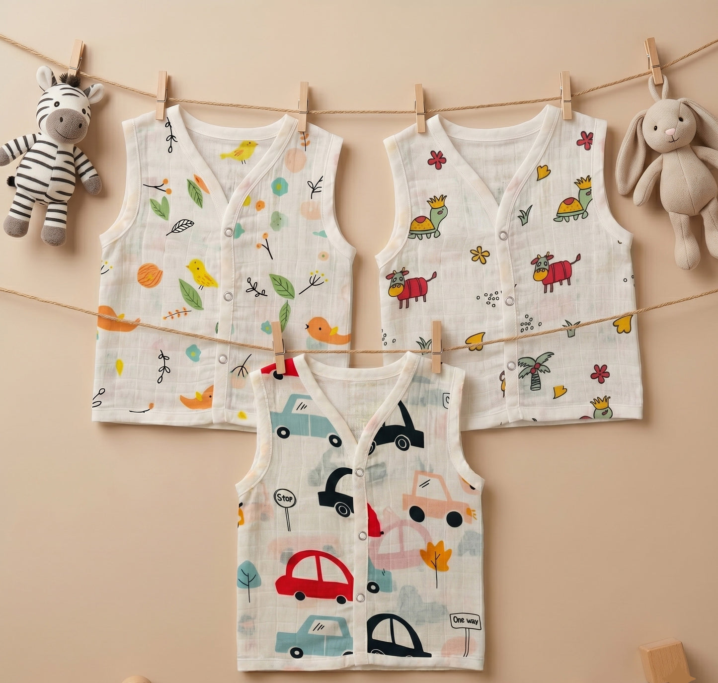 New Born & Baby Clothing | Sleeveless Muslin Baby Dress (0-3 Months) Cute Print Third Combo | Soft Cotton