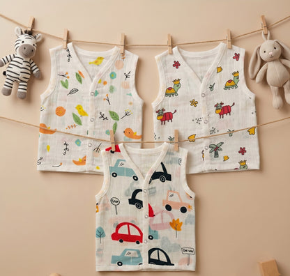 New Born & Baby Clothing | Sleeveless Muslin Baby Dress (0-3 Months) Cute Print Third Combo | Soft Cotton