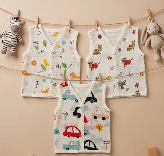 New Born & Baby Clothing | Sleeveless Muslin Baby Dress (0-3 Months) Cute Print Third Combo | Soft Cotton