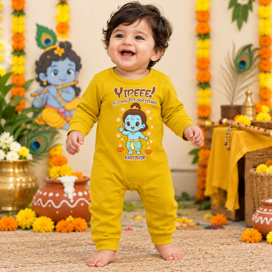 Yipee!! It's My 1st Dussehra Romper With Customized Baby Boy Name _ Full Yellow Romper