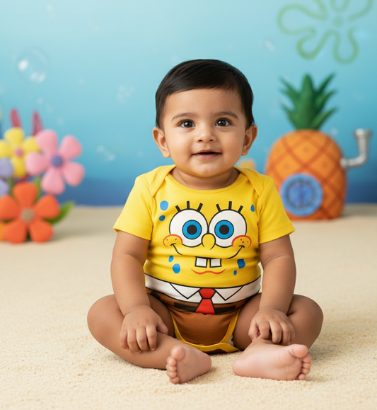 Smiley Sponge Baby Onesie – Cartoon With Customized Baby Name_ Yellow Romper