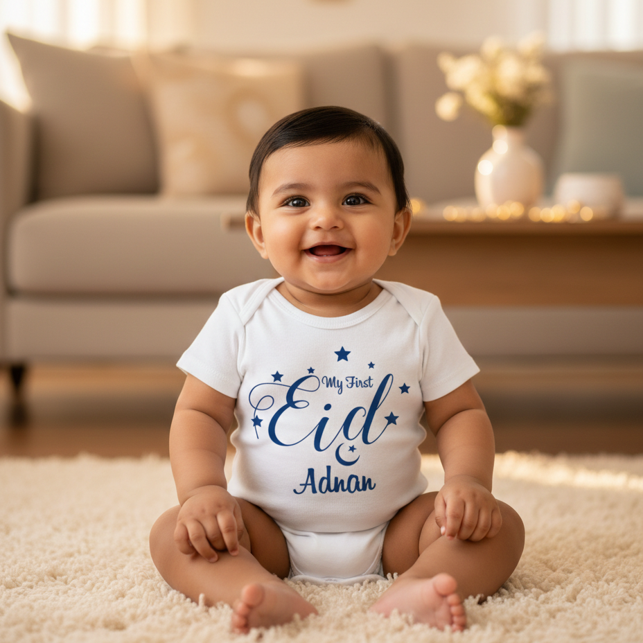 Newborn & Baby Clothing | Baby My First EID  With Personalized Name | Soft Cotton White Onesie
