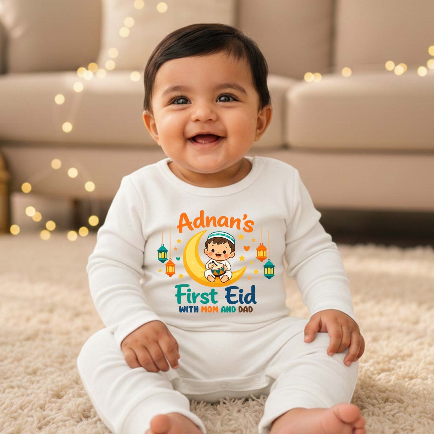 Newborn & Baby Clothing | Baby First Eid With Mom & Dad Romper With Personalized Baby Boy Name | Soft Cotton