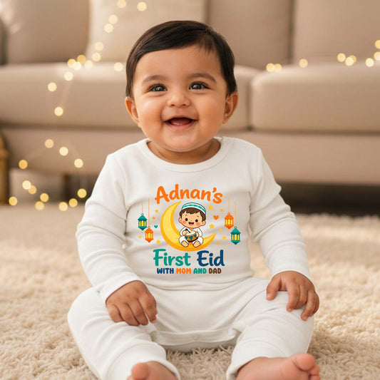 Newborn & Baby Clothing | Baby First Eid With Mom & Dad Romper With Personalized Baby Boy Name | Soft Cotton