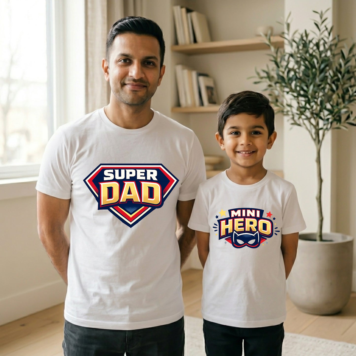 New Born & Baby Clothing | Super Dad & Mini Hero Dad & Son Twinning White Sets | Soft T-shirt