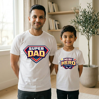 New Born & Baby Clothing | Super Dad & Mini Hero Dad & Son Twinning White Sets | Soft T-shirt