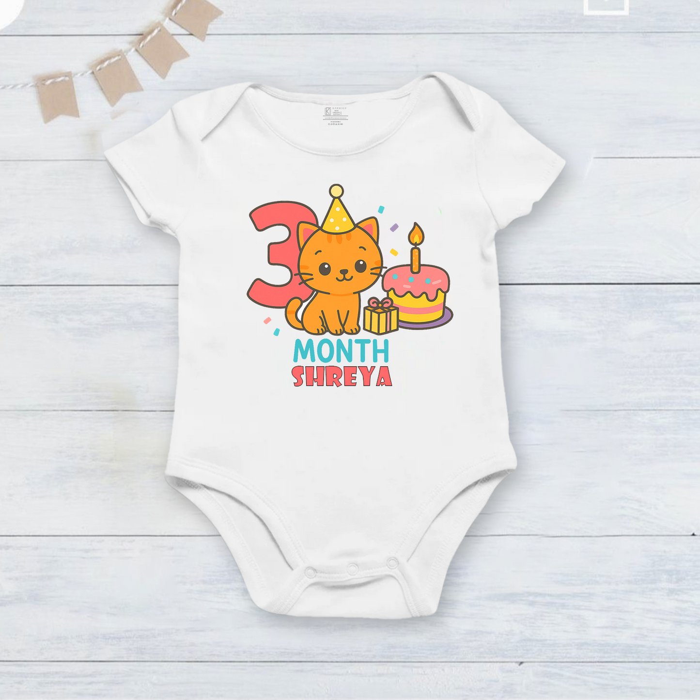 Infant monthly birthday 12 Months of Love cute cat design_ Customized name White Onesie