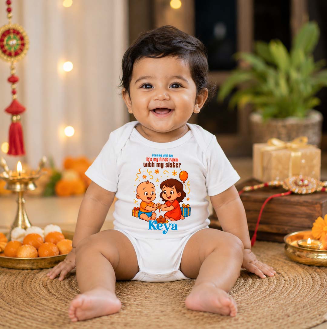 Beaming with joy it's my first rakhi with my sister customised baby name_ White romper