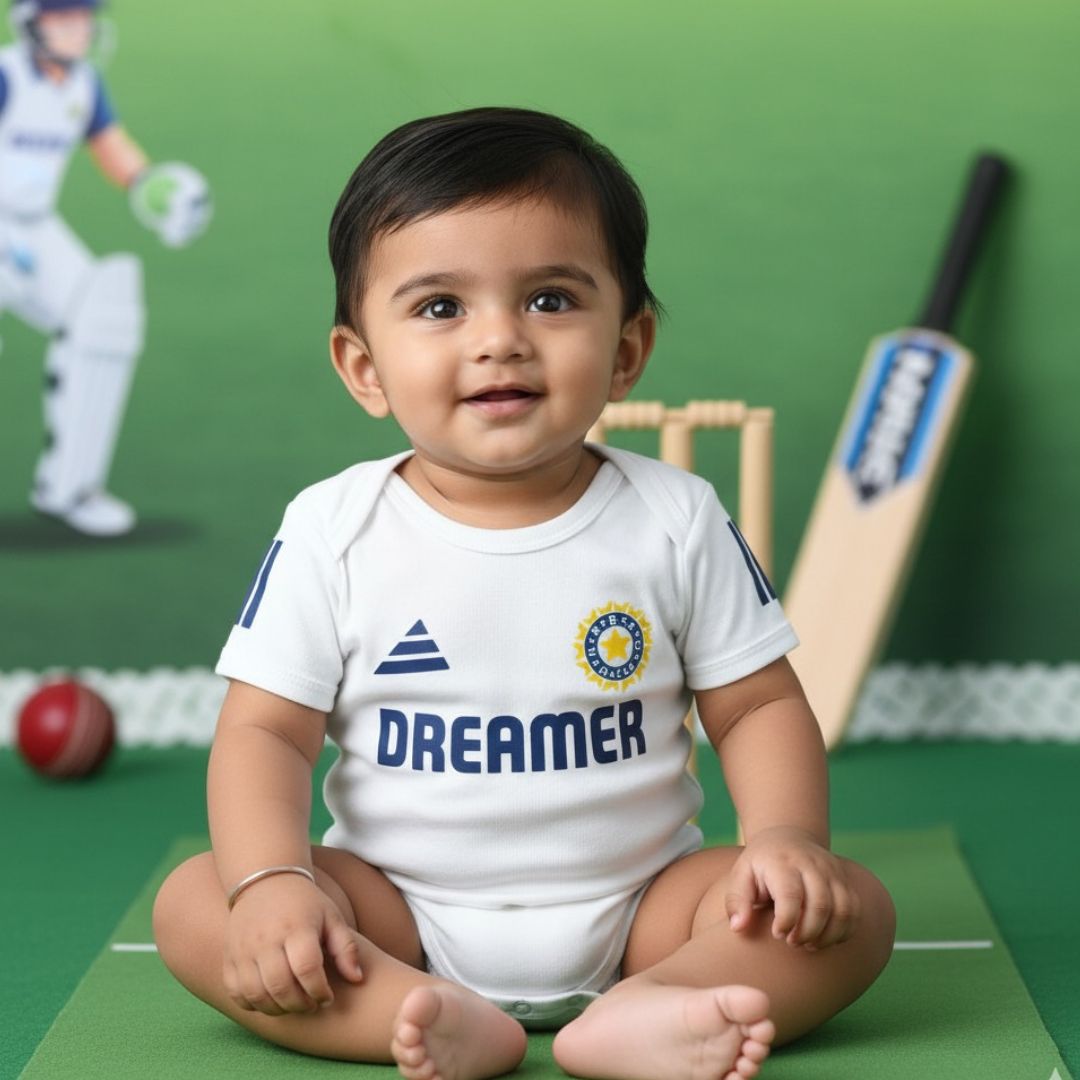 Indian Jersey Romper With Customized Baby Name_ White Romper