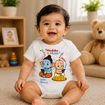 Modak's Music and Bappa Vibes with customised name_ White Onesie