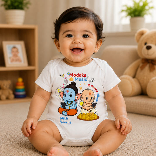 Modak's Music and Bappa Vibes with customised name_ White Onesie