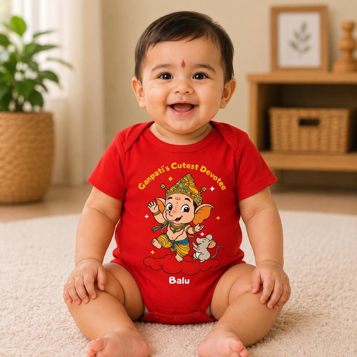 Ganpati's Cutest Devotee with customised name_ Red Onesie