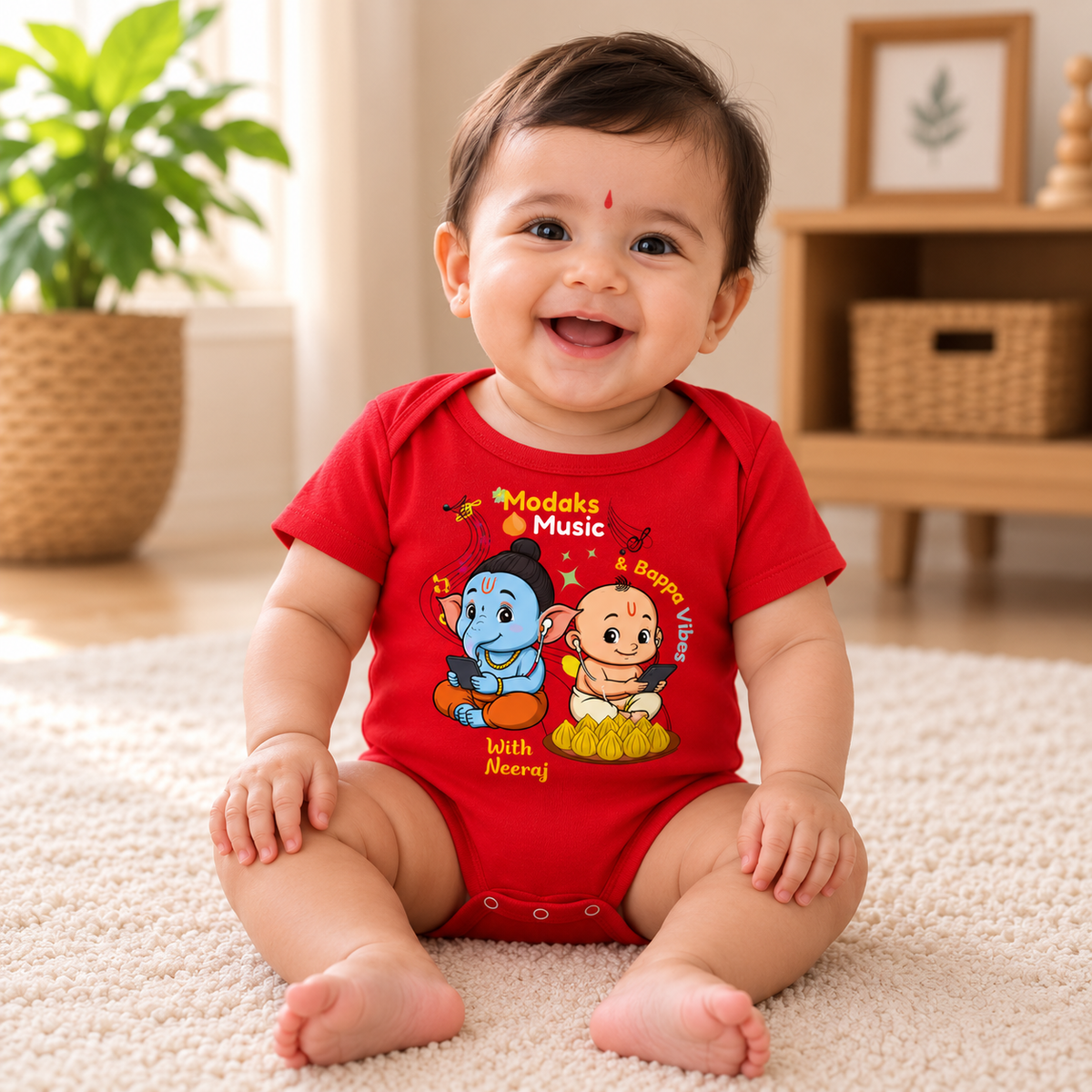 Modak's Music and Bappa Vibes with customised name_ Red Onesie