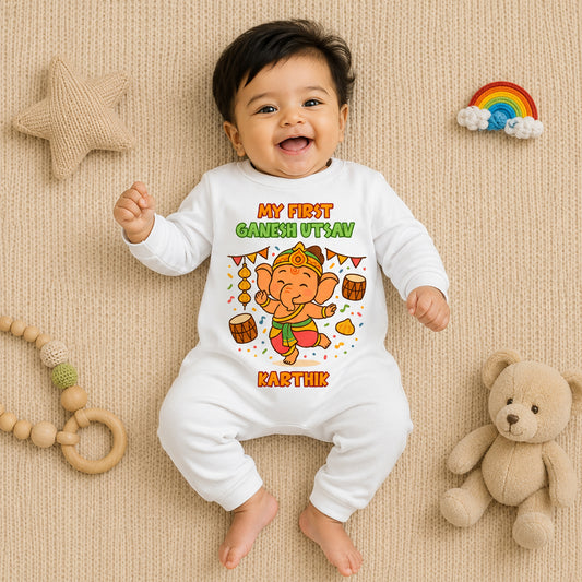 My First Ganesh Utsav with customised name_ Full White Romper