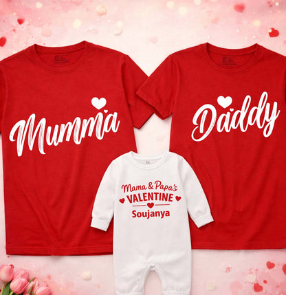 New Born & Baby Clothing | Baby’s First Valentine Outfit – Mumma Daddy With The Kid Customized Name Combo  | Soft Cotton