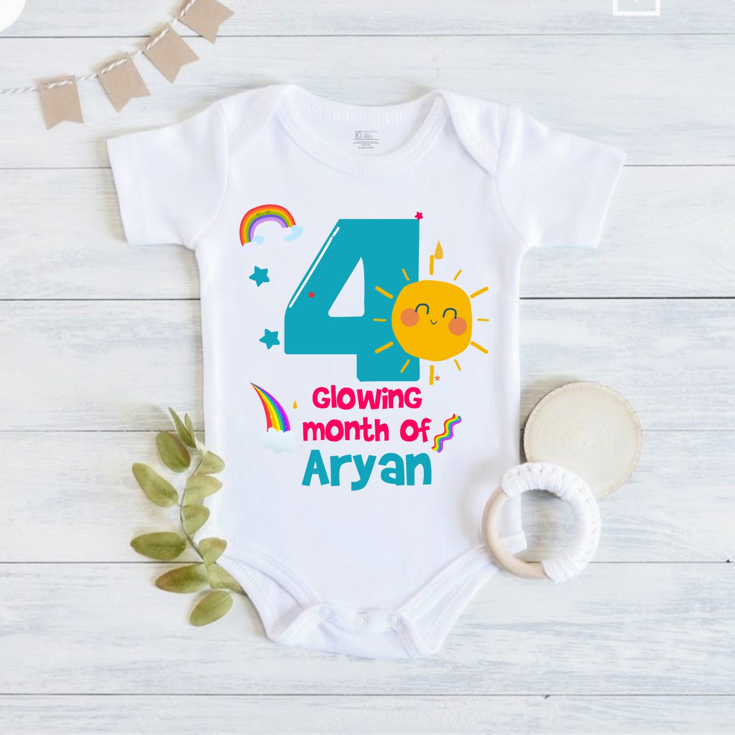 Infant monthly birthday with customized name 12 Months of Love and Happiness onesies