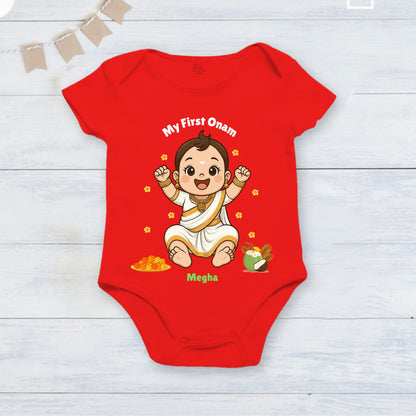 My First Onam with customised name_ Red Romper