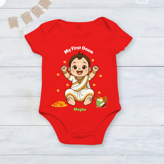 My First Onam with customised name_ Red Romper