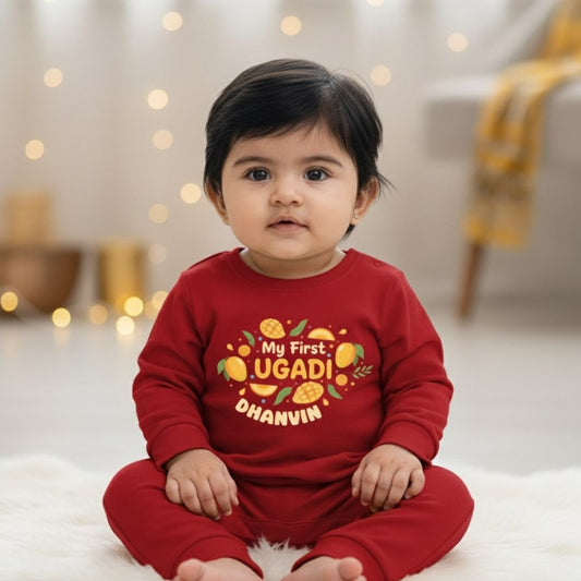 Newborn & Baby Clothing | Baby My First Ugadi Romper With Personalized Name | Soft Red Full Romper Cotton