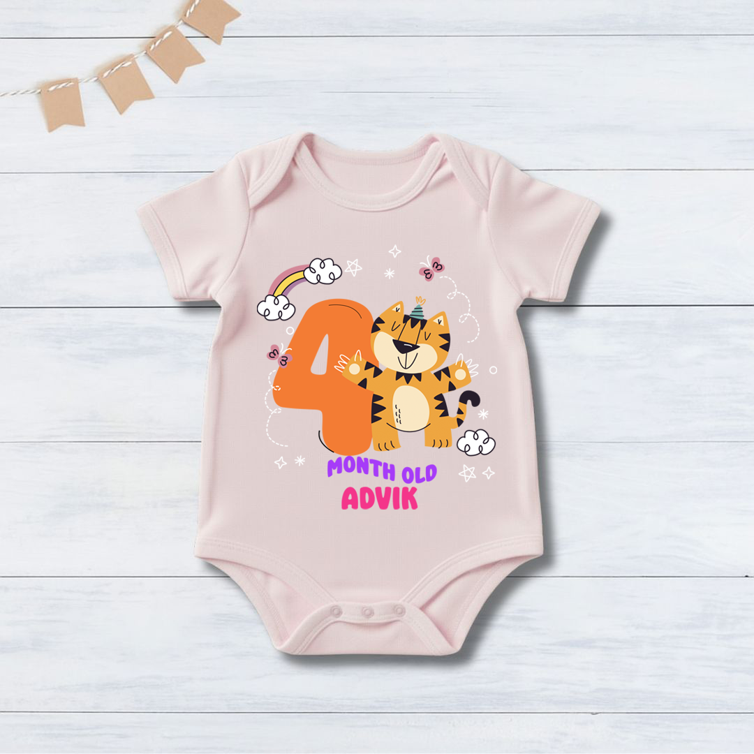 4th Infant monthly birthday Months of Baby Tiger _ Customized name Pink Onesie