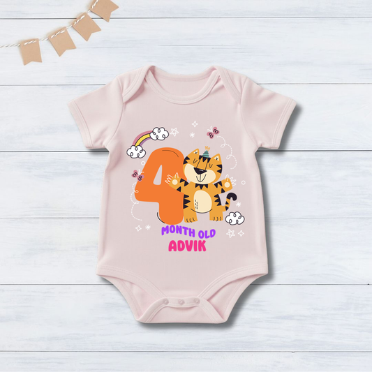 4th Infant monthly birthday Months of Baby Tiger _ Customized name Pink Onesie