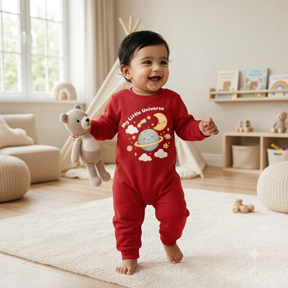 Karmikh Baby Romper | My Little Universe Space Print | Red Full Sleeve Cotton Baby Romper