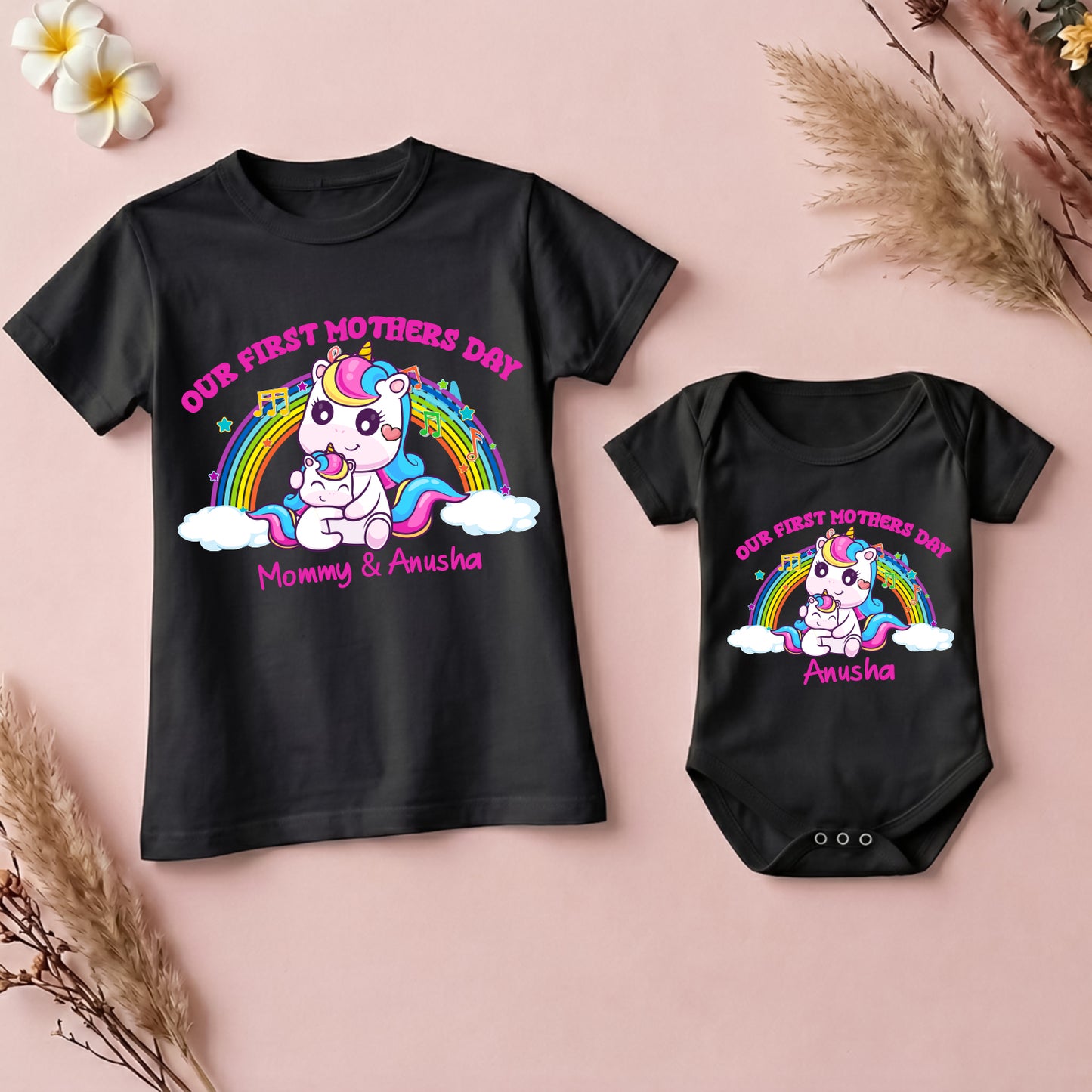 New Born & Baby Clothing | Our First Mother's Day Together With Customized Baby Name Unicorn Black Combo | Soft Cotton