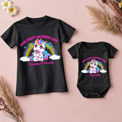 New Born & Baby Clothing | Our First Mother's Day Together With Customized Baby Name Unicorn Black Combo | Soft Cotton