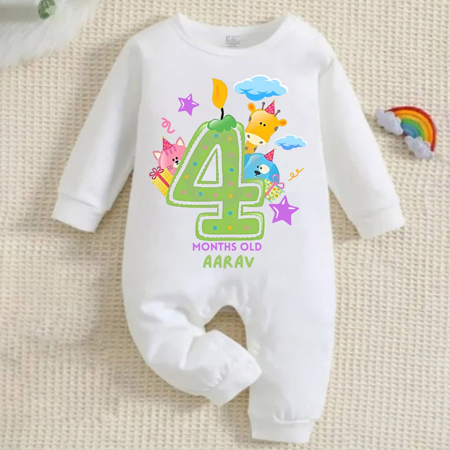 Infant monthly birthday 12 Months of Love Full White Onesie with customised baby name