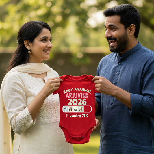 Baby Agarwal Arriving 2026 Loading ...... With Customized Surname infant onesie_ Red