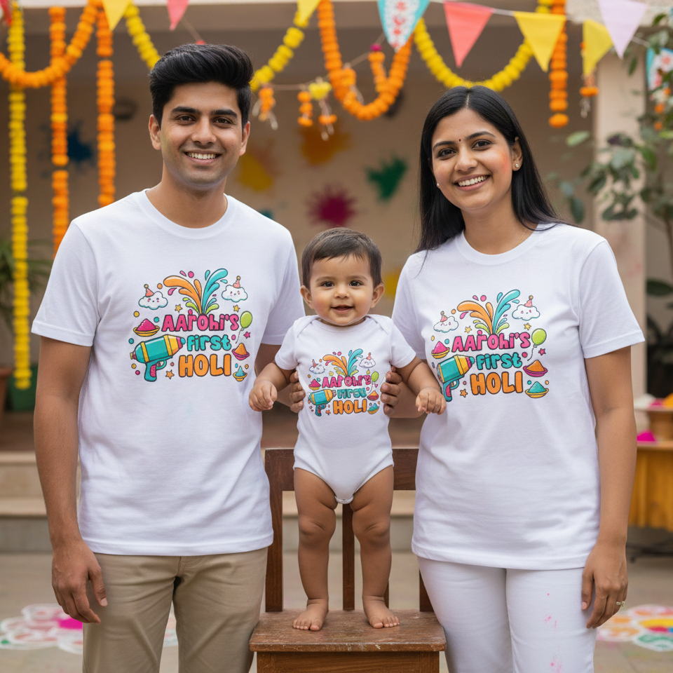 Family of three wearing matching 'First Holi' t-shirts with colorful designs in a decorated outdoor setting.